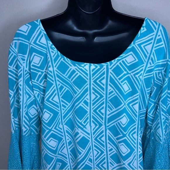 XL SANTIKI TEAL BLUE WHITE BELL SLEEVE BLOUSE TOP STRETCH PULLOVER - Picture 6 of 11